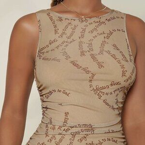 Shein Women's Letter Print Sleeveless Ruched Mesh Bodycon Dress